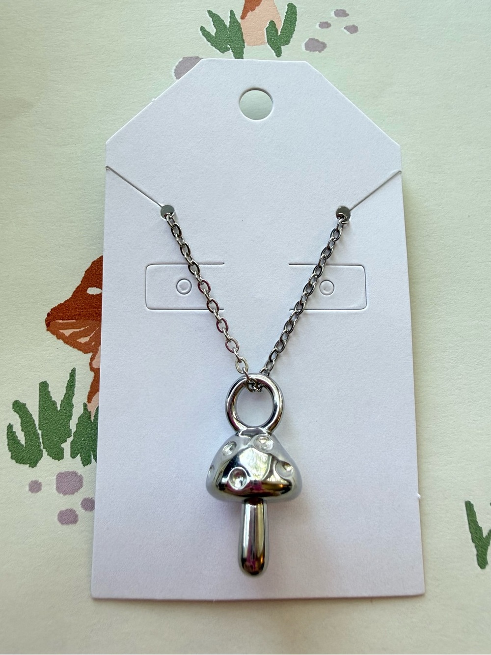 Silver Mushroom Pendant Necklace- with Star & Moon Charms